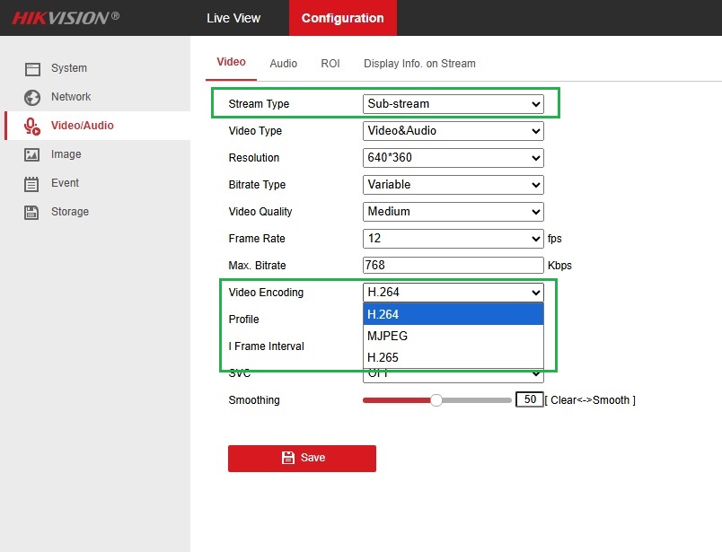 Check camera stream specifications in the camera web admin page Camera web admin page