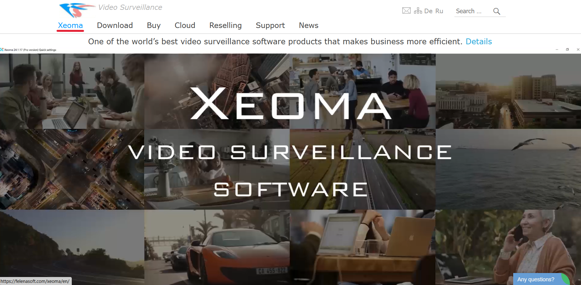 Main page of the video surveillance software Xeoma website
