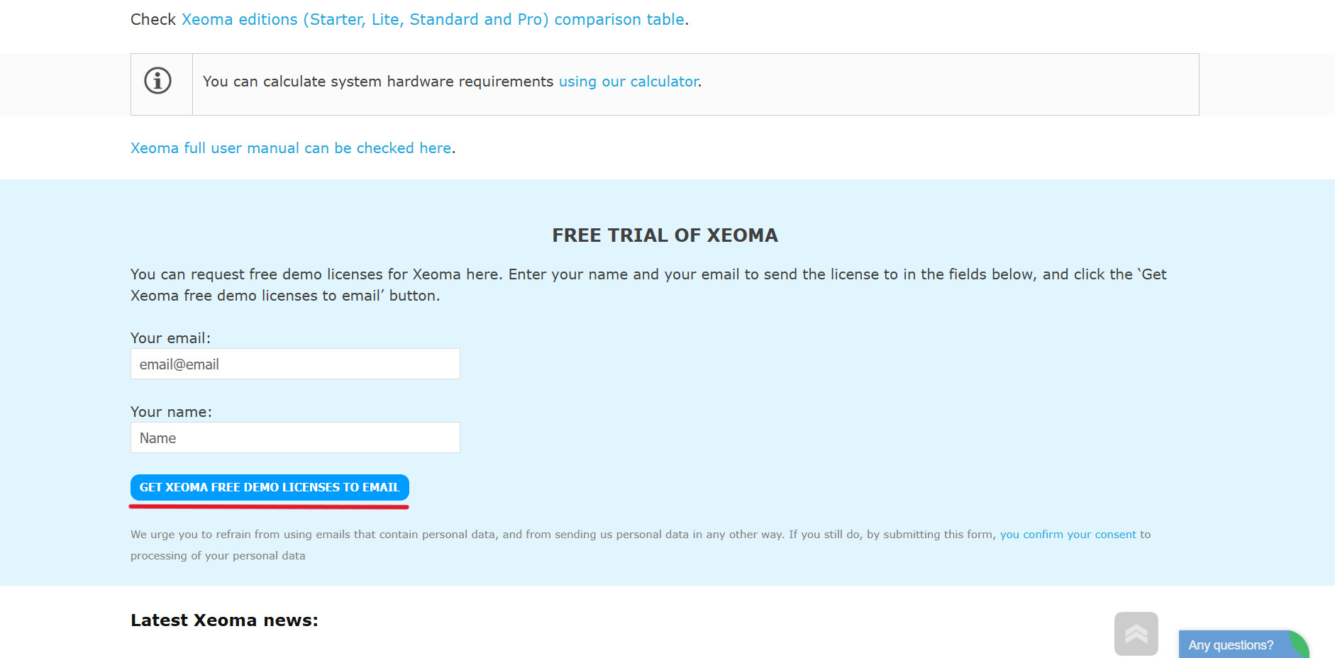 Form for obtaining a Xeoma demo license