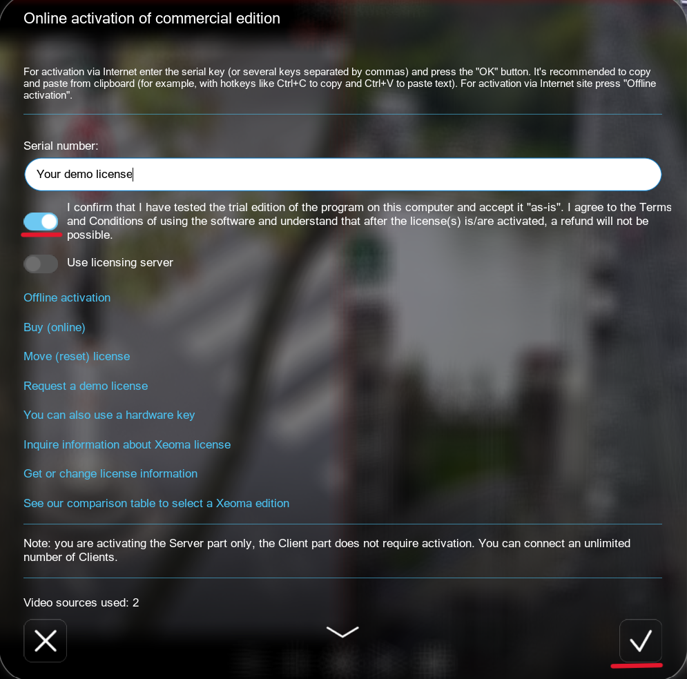 Activation of the demo license in the Xeoma video surveillance software