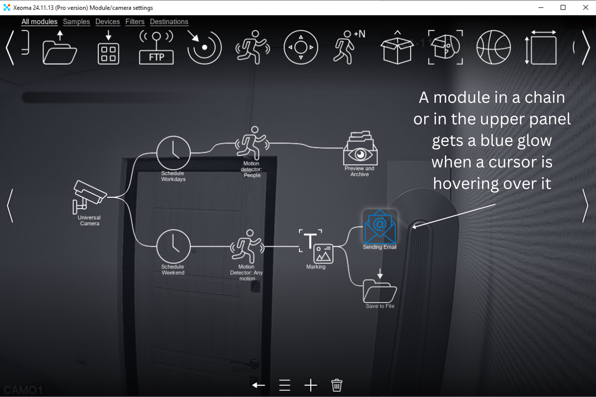 Highlighting a module in Xeoma video surveillance program's chain