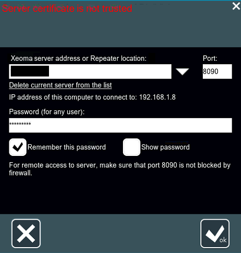 Error message in Xeoma's Connection Dialog about untrusted certificate