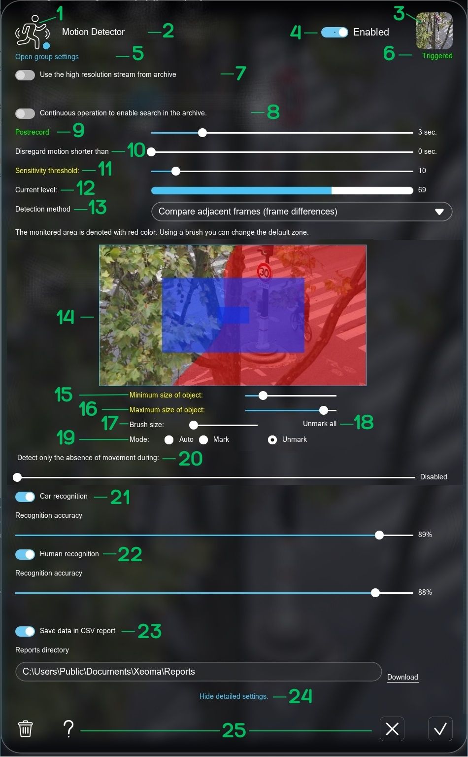 Screenshot of the Motion Detector settings in Xeoma video surveillance software Motion Detector settings