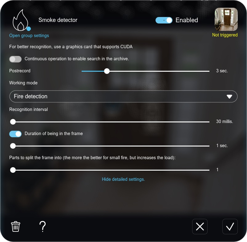 An example of settings for the Smoke Detector module in Xeoma