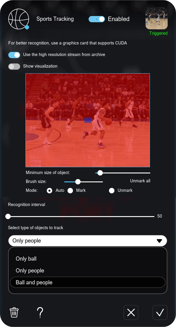 Sports Tracking module settings in Xeoma