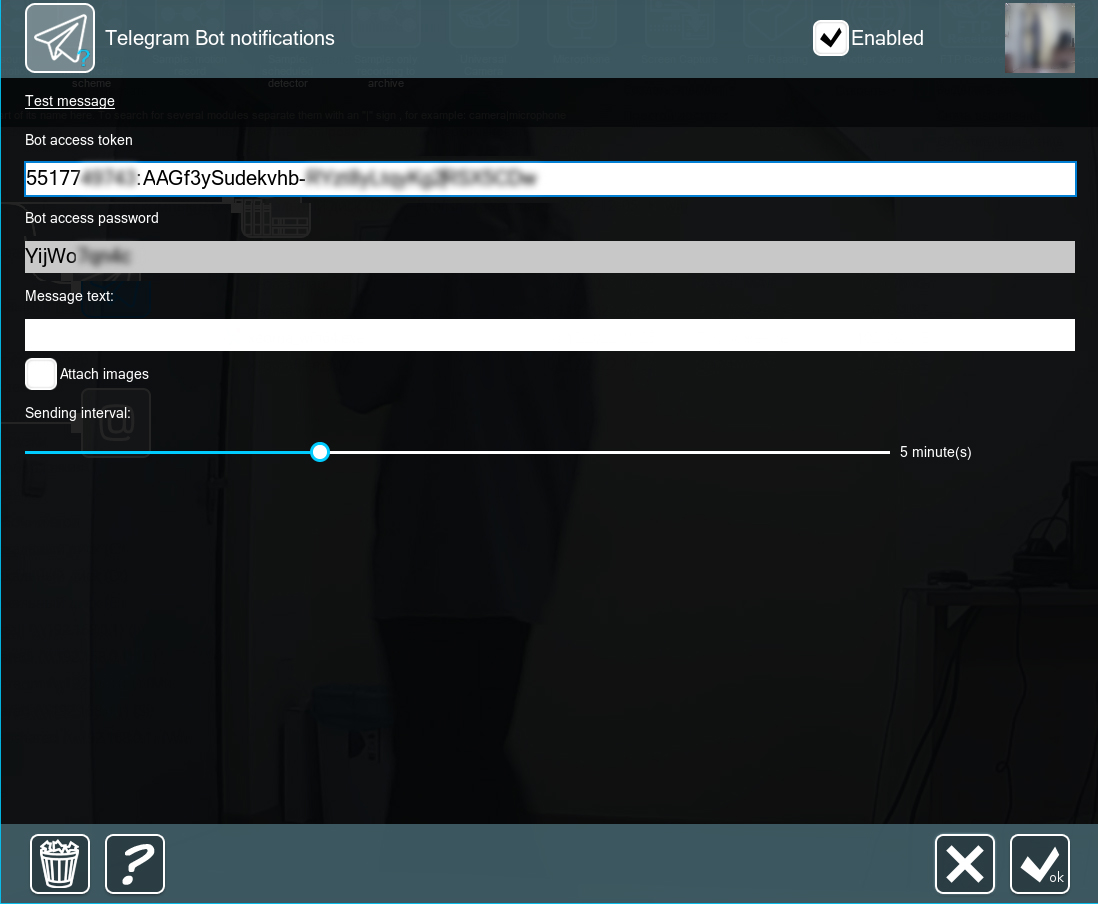 Settings of the Telegram Bot notifications module in Xeoma