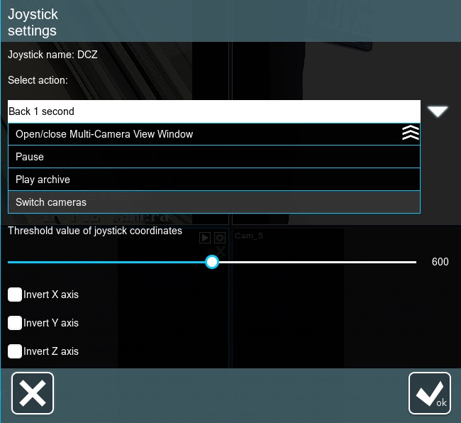 The configuration dialog for USB joysticks and control boards in Xeoma